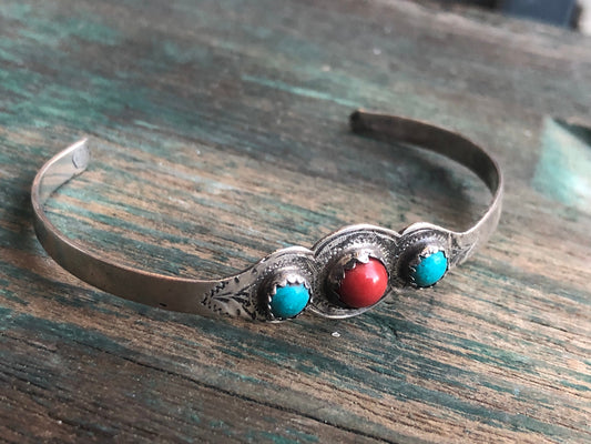 Vintage Sterling Silver, Turquoise & Red Coral Mexican Cuff Bracelet