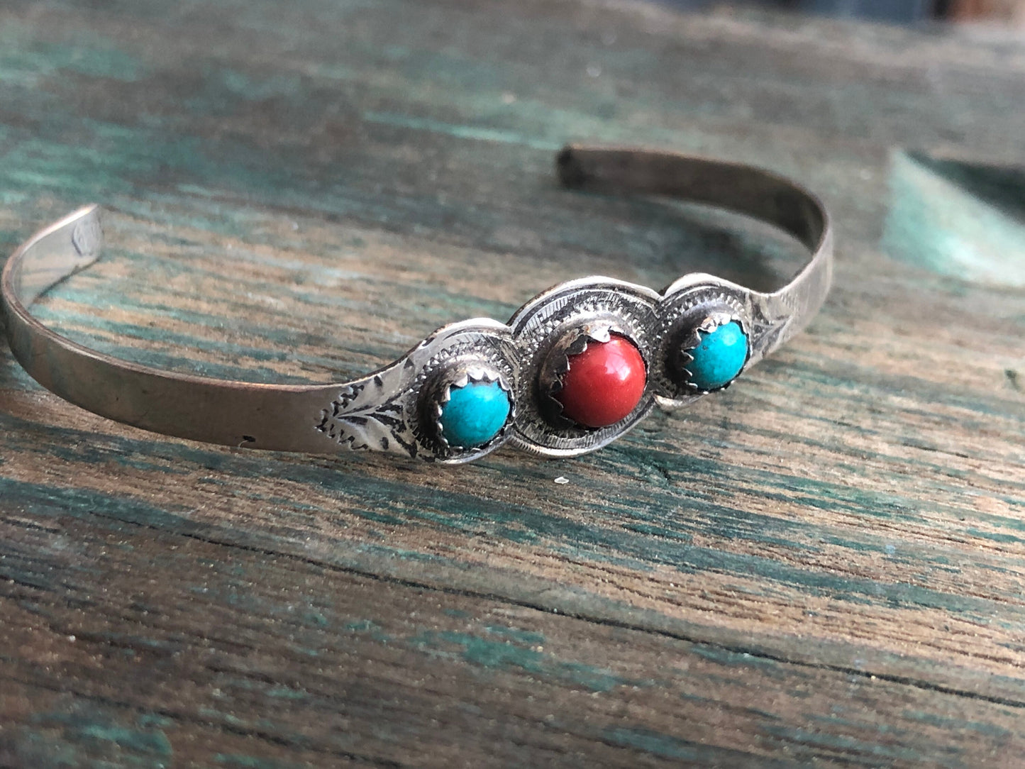 Vintage Sterling Silver, Turquoise & Red Coral Mexican Cuff Bracelet