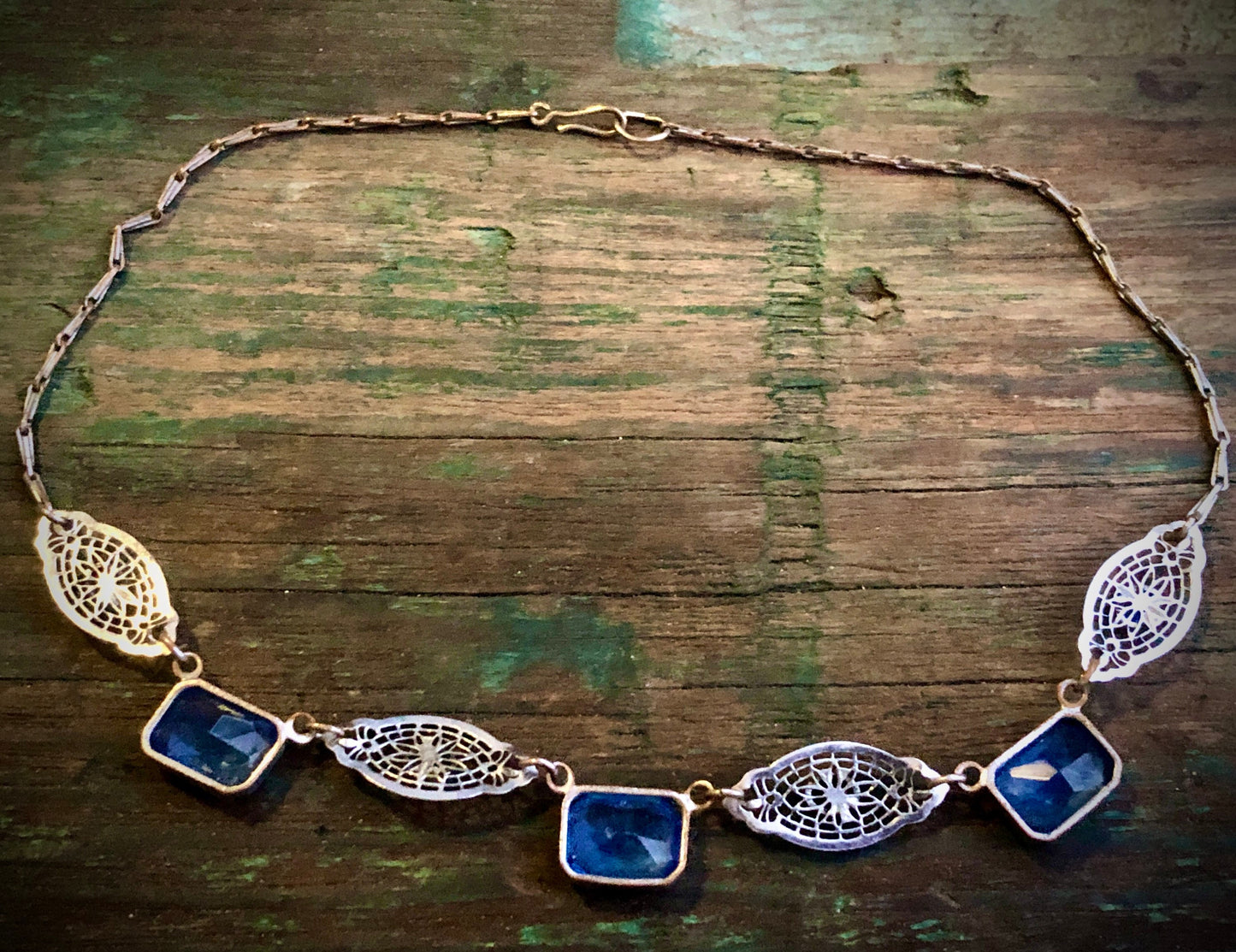 Antique Rhodium Plated Brass Filigree Necklace with Blue Paste Stones