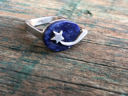 Vintage Modernist Square Cast Band Shooting Star Lapis Lazuli Gemstone Geometric Ring