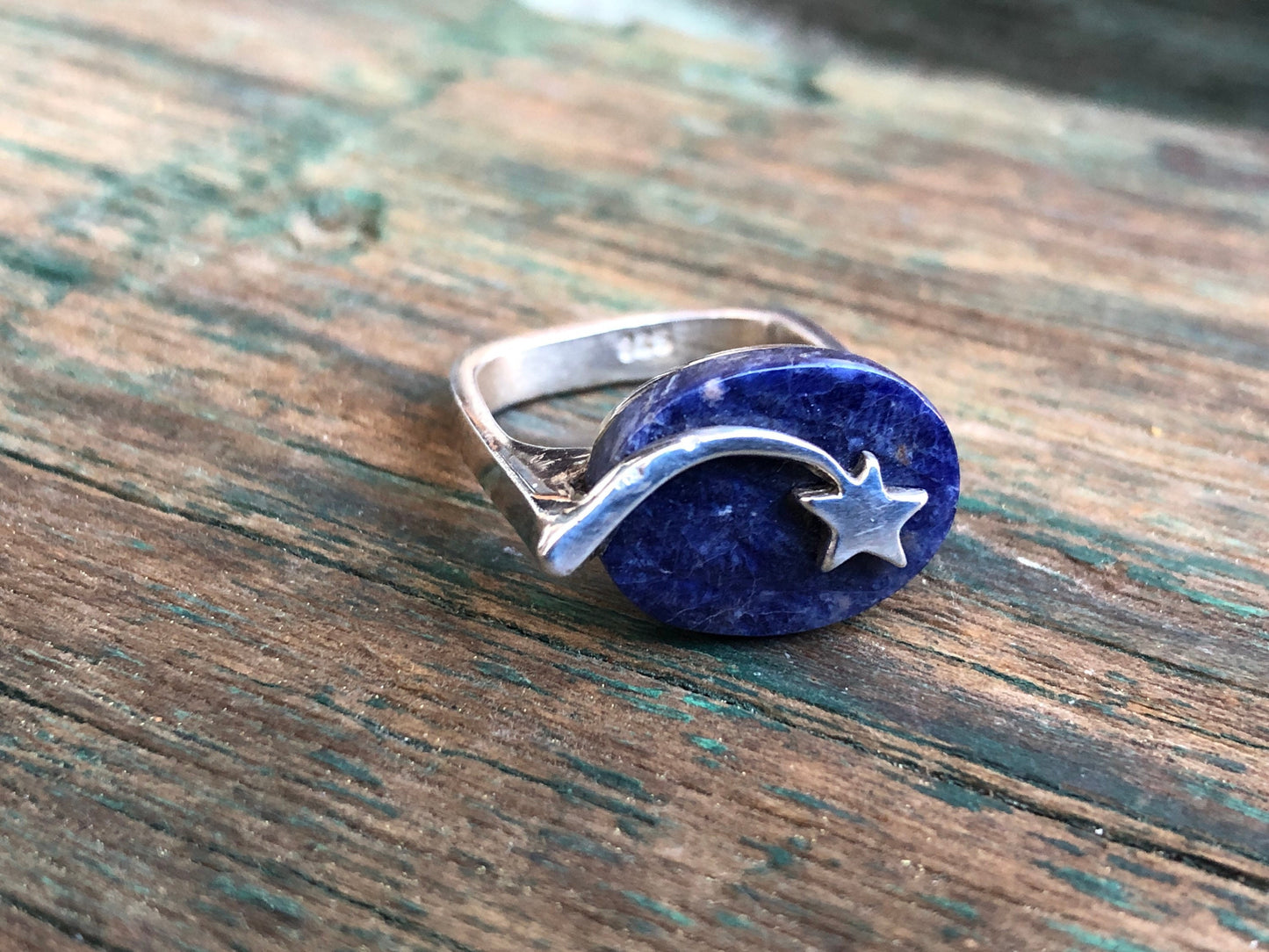 Vintage Modernist Square Cast Band Shooting Star Lapis Lazuli Gemstone Geometric Ring