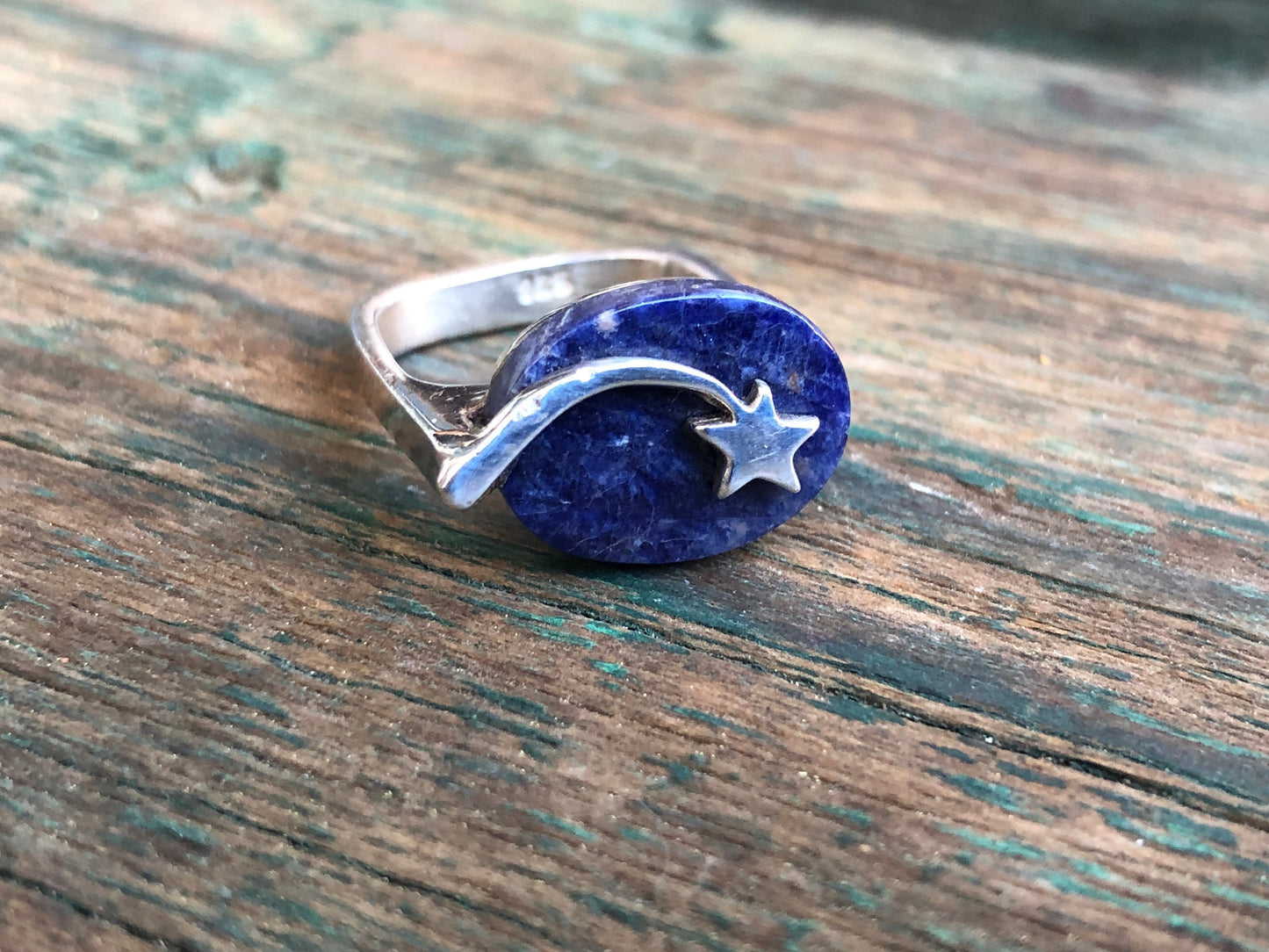 Vintage Modernist Square Cast Band Shooting Star Lapis Lazuli Gemstone Geometric Ring