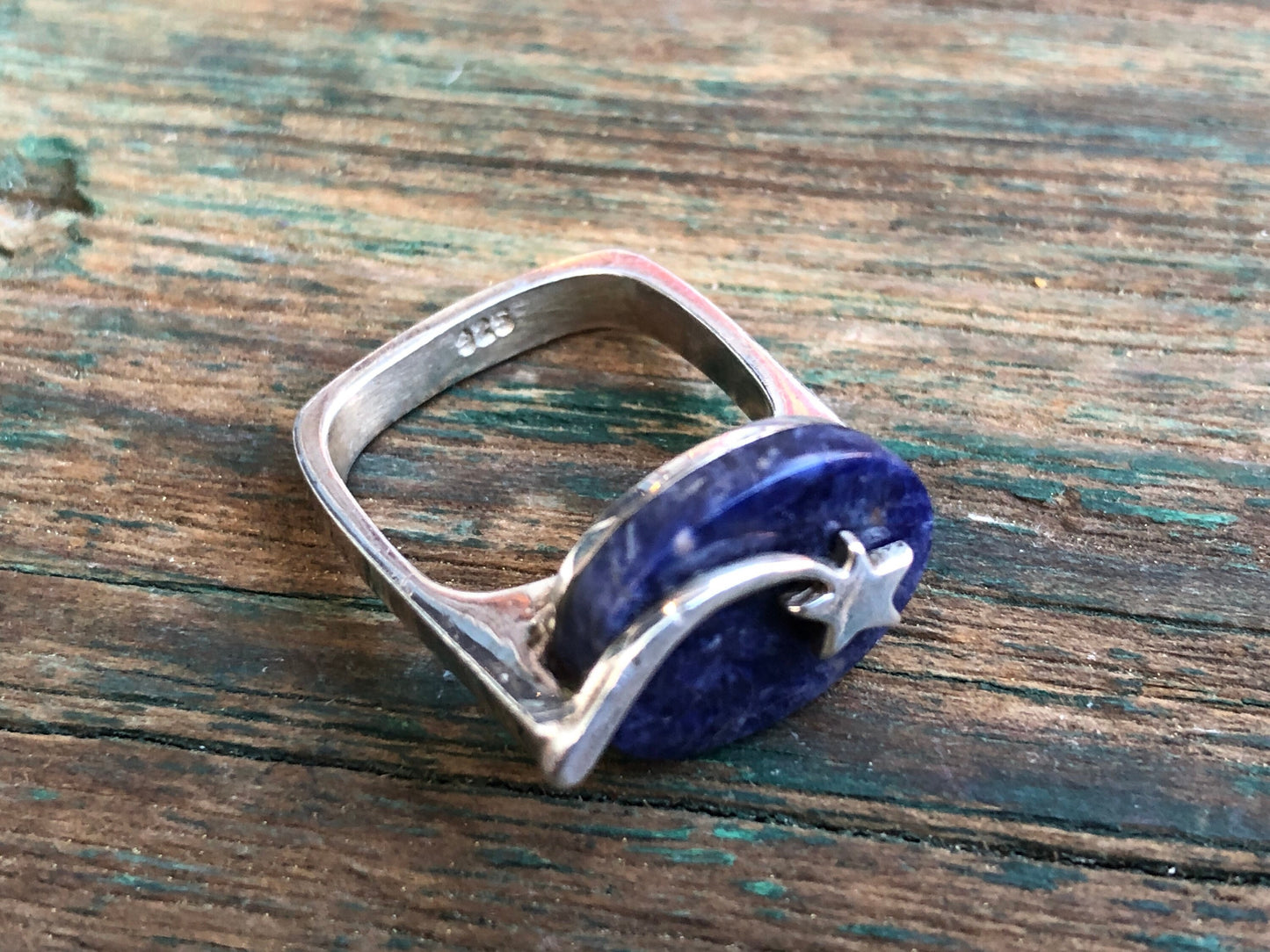 Vintage Modernist Square Cast Band Shooting Star Lapis Lazuli Gemstone Geometric Ring