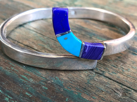 Vintage Lapis Lazuli, Turquoise & Purple Wampum Shell, Spiny Oyster Sterling Silver Hinged Native Taxco Mexican Bangle Bracelet