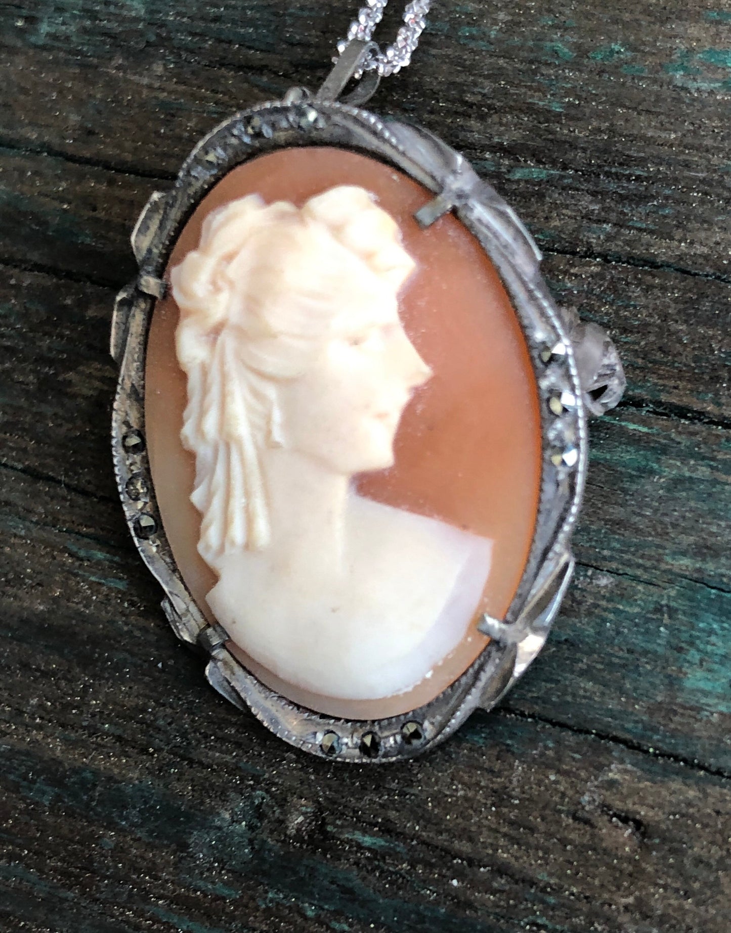 Vintage Sterling Silver and Marcasite Carved Shell Cameo Brooch & Necklace Pendant