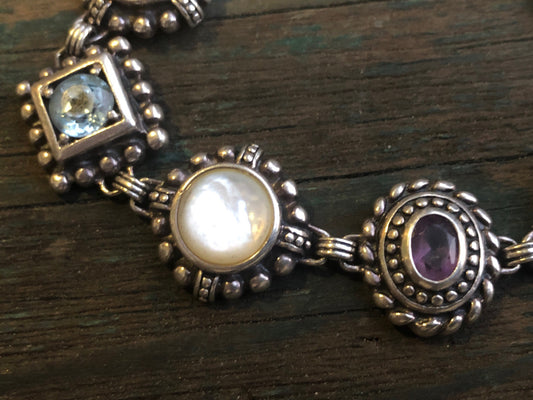 Vintage Sterling Silver Aquamarine, Amethyst & Mother of Pearl Link Bracelet