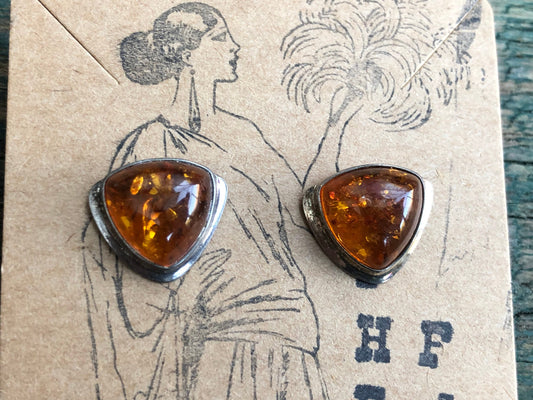 Vintage Amber & Sterling Silver Triangle Post Earrings