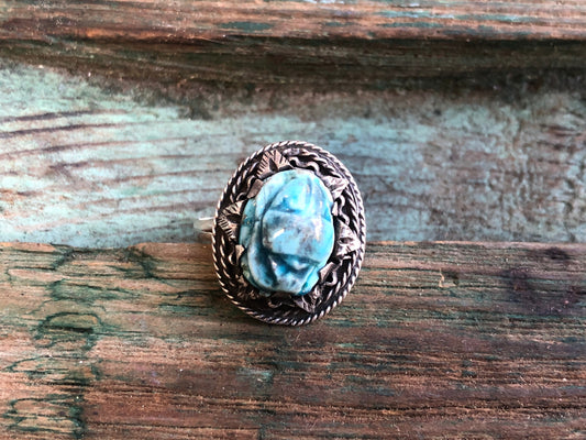 Antique Blue Enamel Scarab Sterling Silver Art Nouveau English Hallmarked Ring