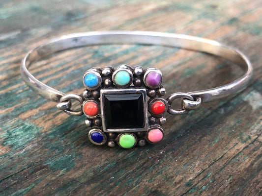 Sterling Silver Multi Gemstone ( onyx, turquoise, coral, jasper)  hinged Bangle Bracelet