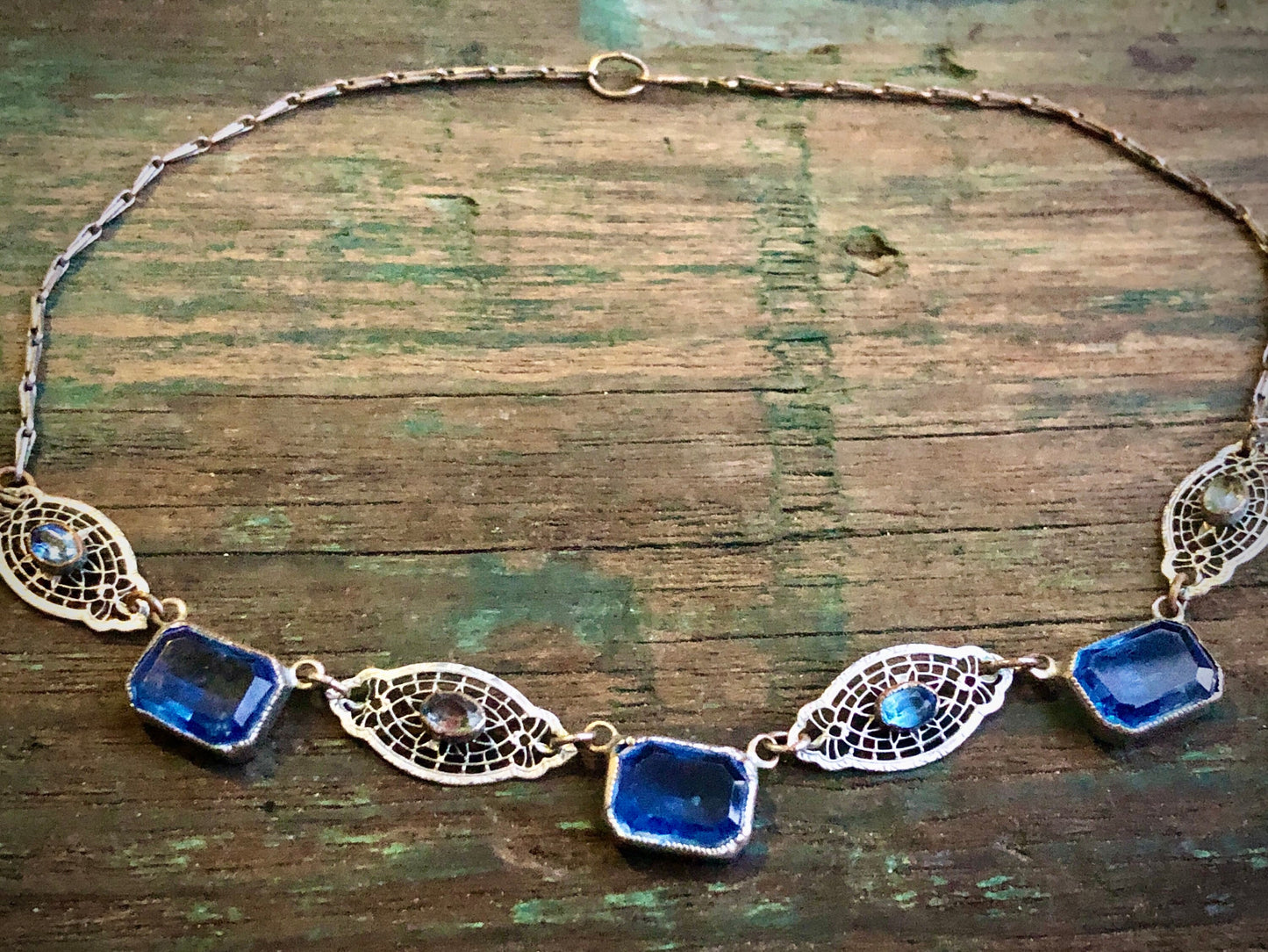 Antique Rhodium Plated Brass Filigree Necklace with Blue Paste Stones
