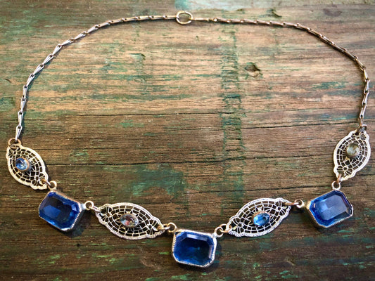 Antique Rhodium Plated Brass Filigree Necklace with Blue Paste Stones