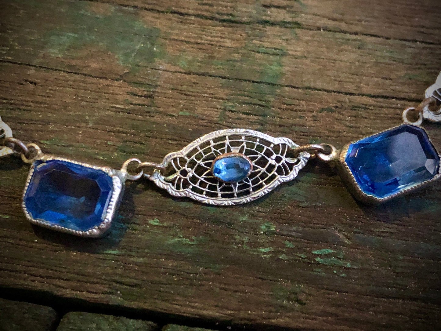 Antique Rhodium Plated Brass Filigree Necklace with Blue Paste Stones