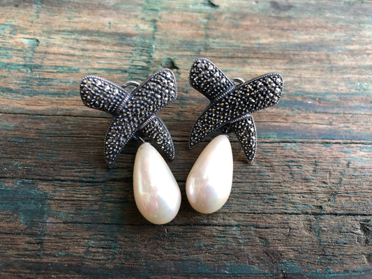 Art Deco Sterling Silver & Marcasite X GeometicTeardrop Pearl Dangle Earrings