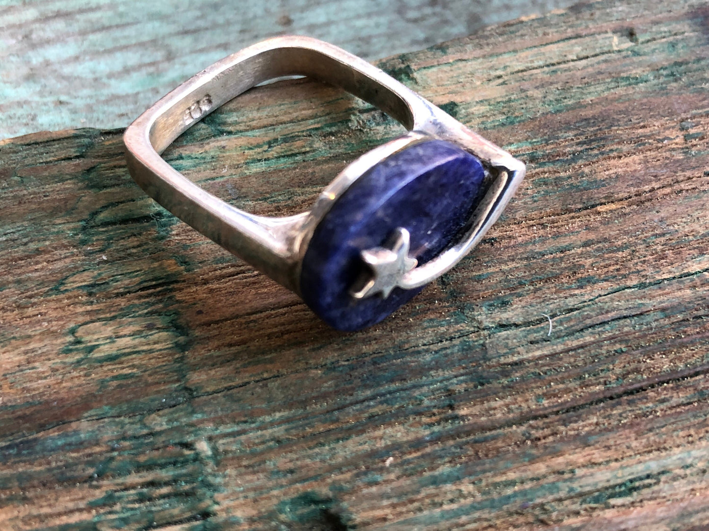 Vintage Modernist Square Cast Band Shooting Star Lapis Lazuli Gemstone Geometric Ring