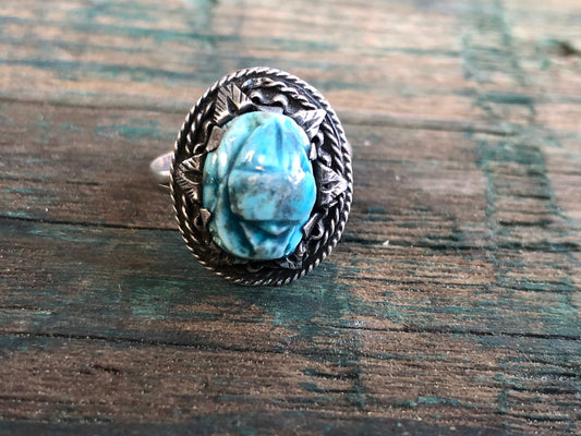 Antique Blue Enamel Scarab Sterling Silver Art Nouveau English Hallmarked Ring
