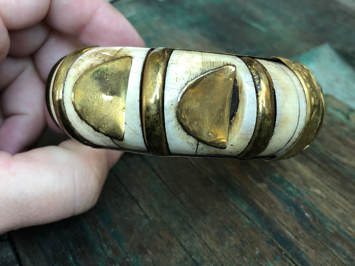 Vintage Barbaric Chunky Brass Pin Hinged Bangle Bracelet