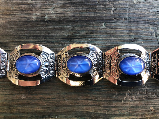 Vintage Blue Cat Eye Star Sapphire Glass Mexican Sterling Silver Panel Link Bracelet