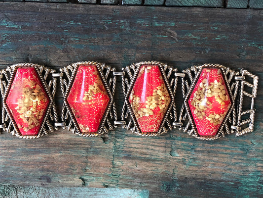 Vintage Red & Gold Glitter Resin and Rock Nugget Unique Chunky Mod Gold Tone Panel Bracelet