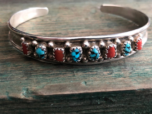 Vintage Native American Turquoise & Coral Petit Point Cuff Bracelet