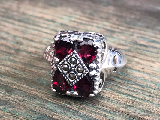 Unique Art Deco Garnet & Marcasite Sterling Silver Multi Gemstone Ring