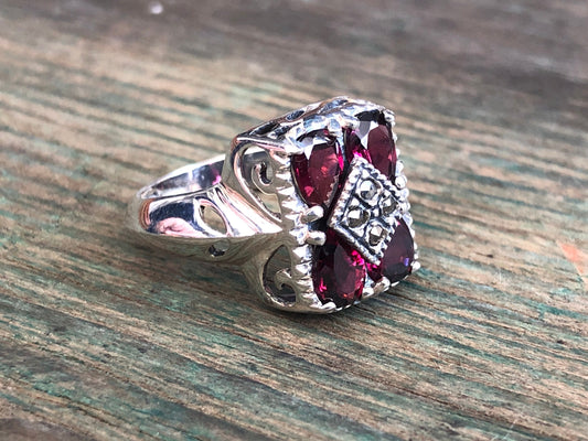 Unique Art Deco Garnet & Marcasite Sterling Silver Multi Gemstone Ring