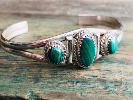 Vintage Native American 3 Green Malachite Gemstone Sterling Silver Cuff Bracelet