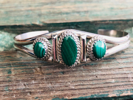 Vintage Native American 3 Green Malachite Gemstone Sterling Silver Cuff Bracelet