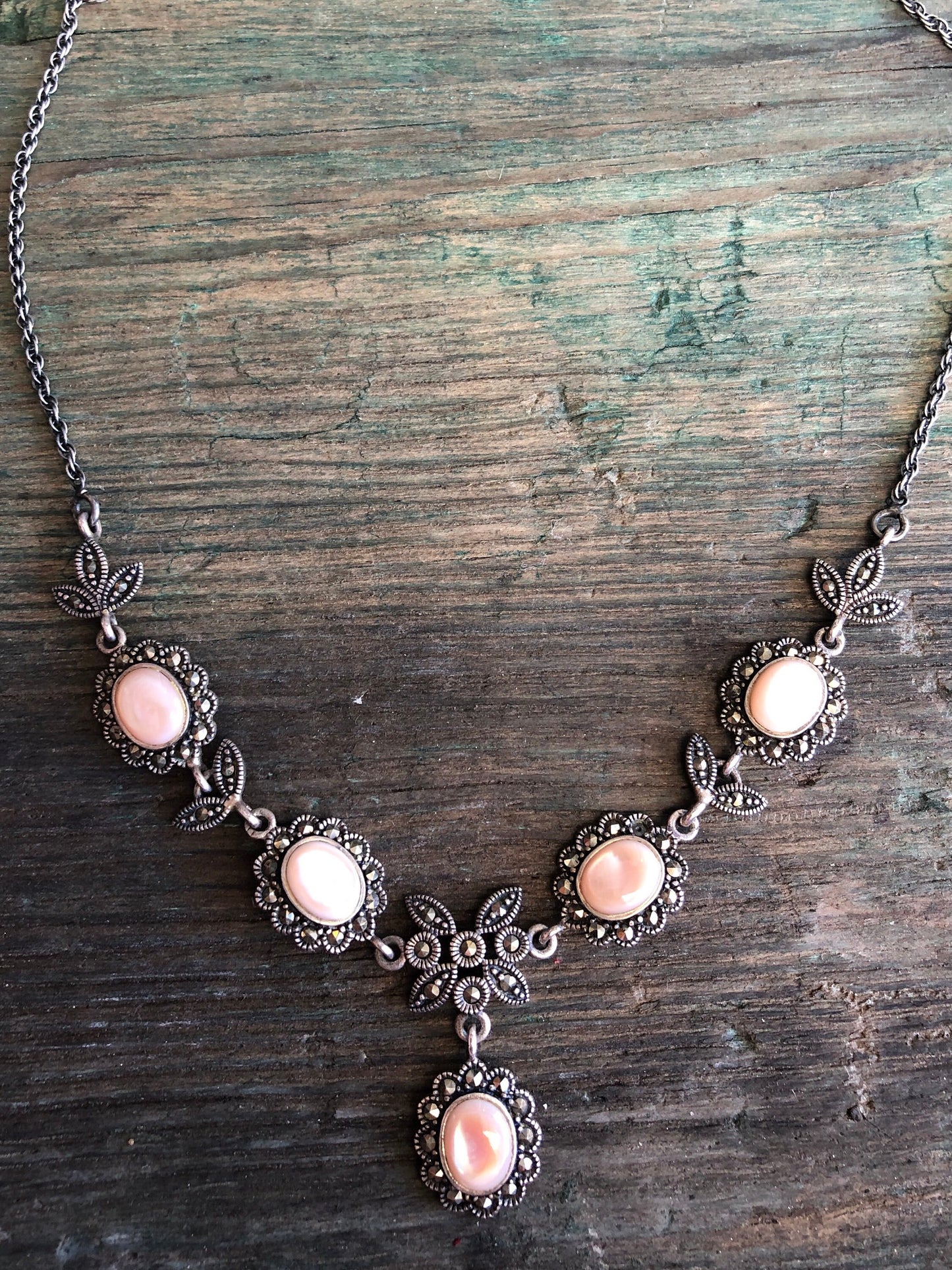 Vintage Sterling Silver Marcasite & Pink Mother Of Pearl Art Deco Shell Y Necklace