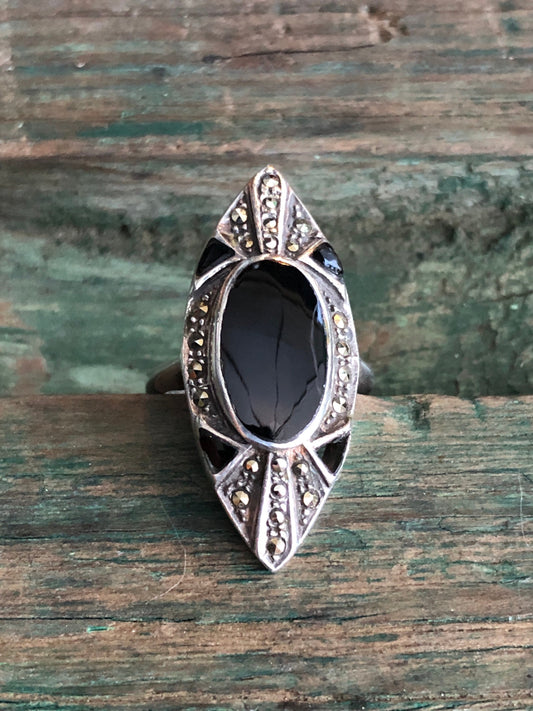 Vintage Sterling Silver, Onyx & Marcasite Long Finger Ring