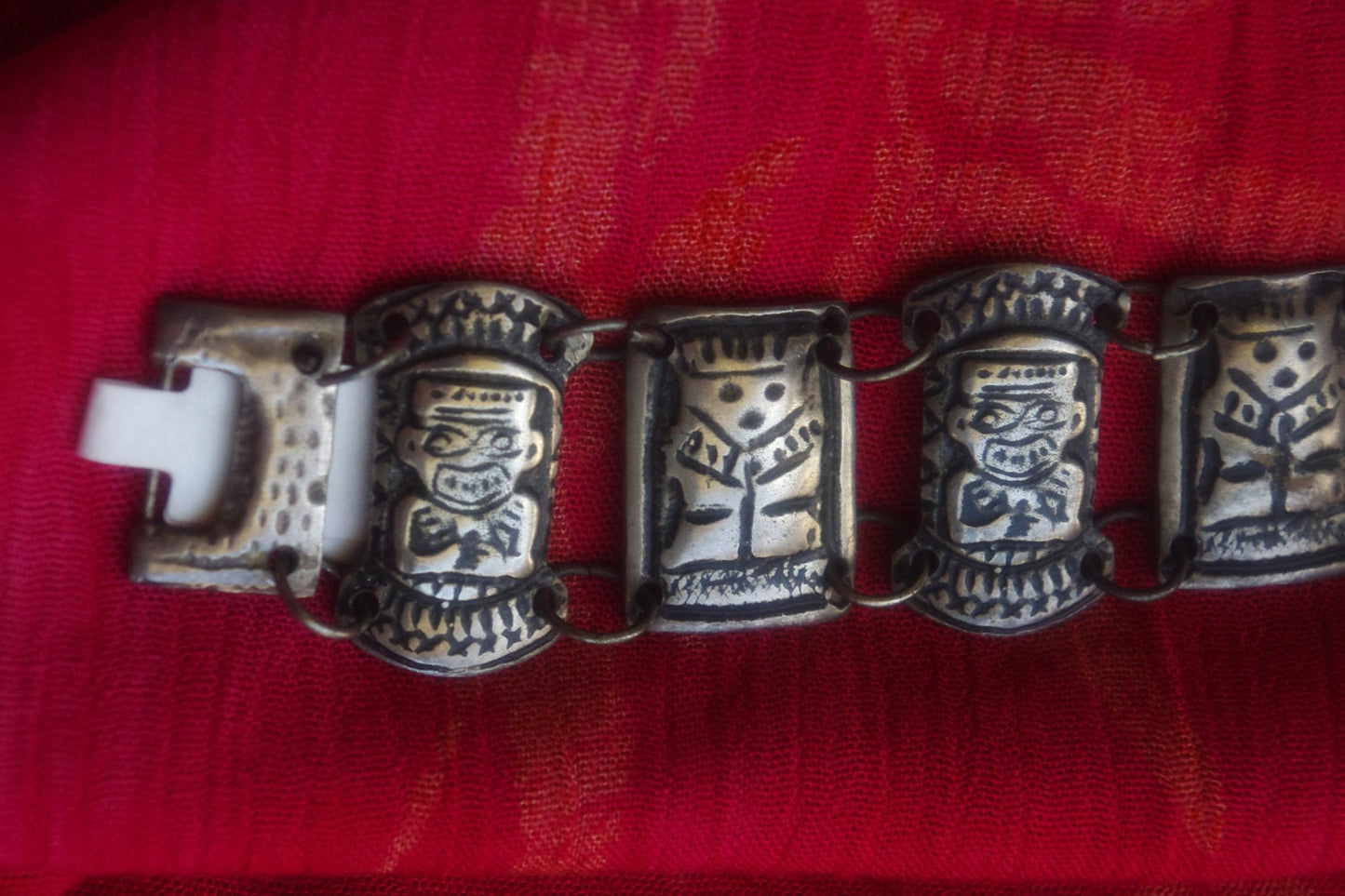 Antique Incan 800 Sterling Coin Silver Tribal Effigies Link Panel Bracelet
