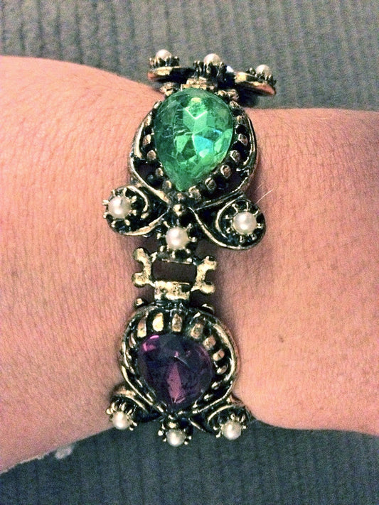 Belle Epoque Fruit Salad Book Chain Bracelet with Pear Faceted Peridot, Amethyst, Aquamarine, Citrine & Emerald Art Glass