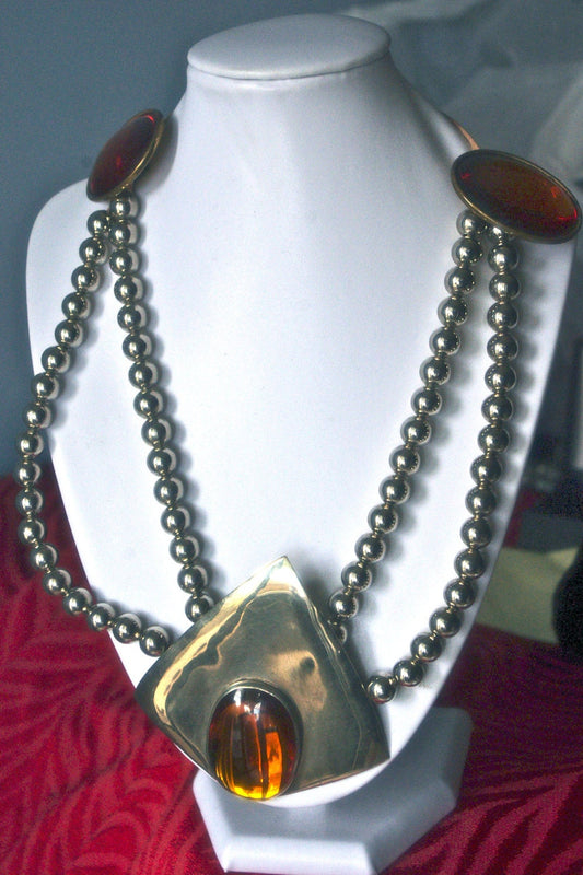 Audrey Schenk Large Silver & Amber Art Glass Southwest Bib Necklace