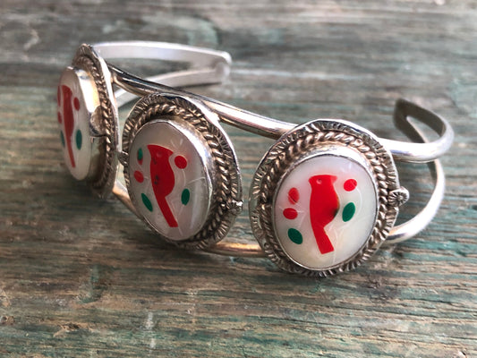 Vintage Zuni Native American Cardinal Bird Inlay Cuff Bracelet with Coral, Mother of Pearl & Turquoise