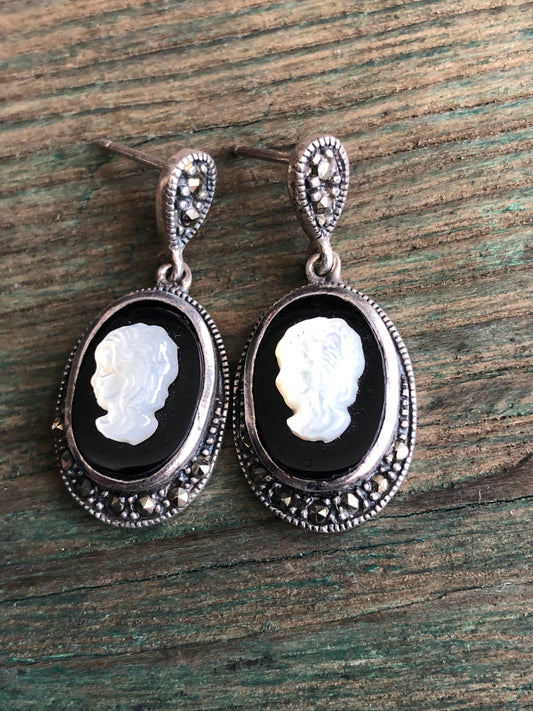Vintage Sterling Silver, Marcasite, Onyx & Mother of Pearl Cameo Dangle Post Earrings