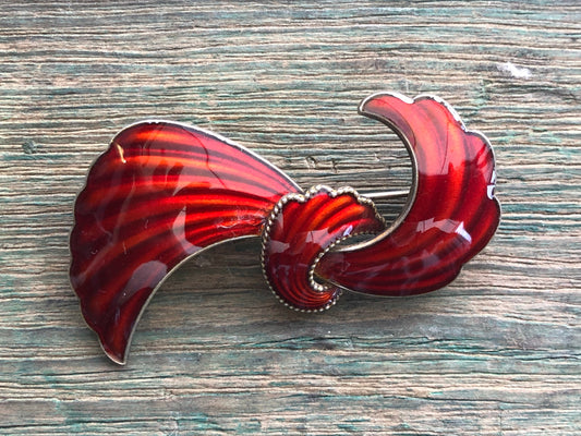 Vintage Sterling Silver Norwegian Red Enamel Modernist Flourish Brooch