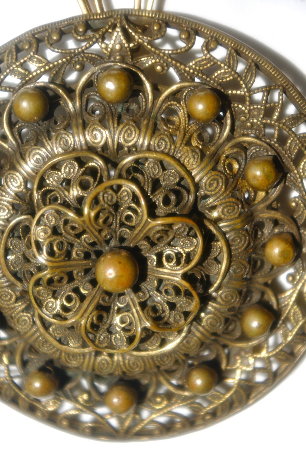 Gorgeous Antique Steampunk Victorian Brass Filigree Czechoslovakian Large Pendant Lavaliere Necklace