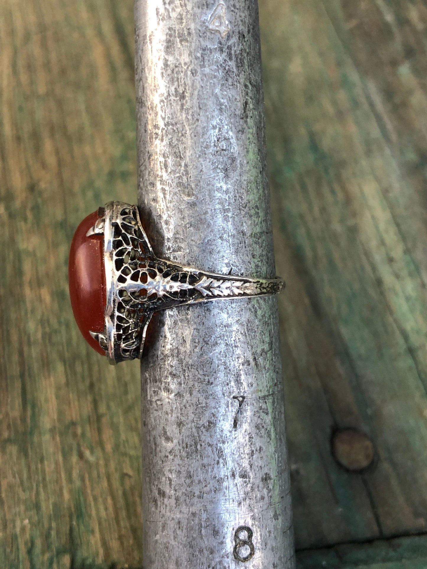 Antique Victorian Filigree Carnelian Cabochon & Guilloche Enamel Gemstone Ring