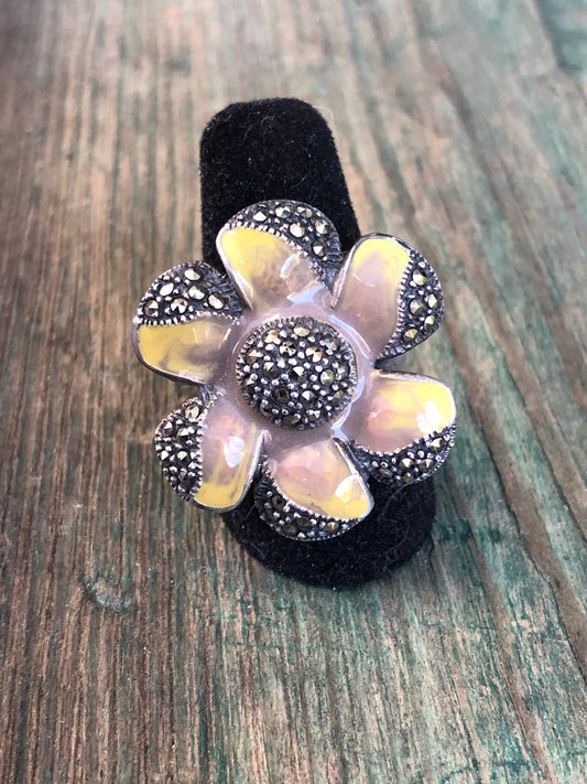 Super Unique Yellow and Grey Enamel Sterling Silver & Marcasite Flower Ring