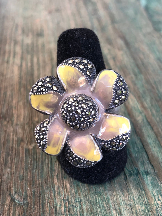 Super Unique Yellow and Grey Enamel Sterling Silver & Marcasite Flower Ring