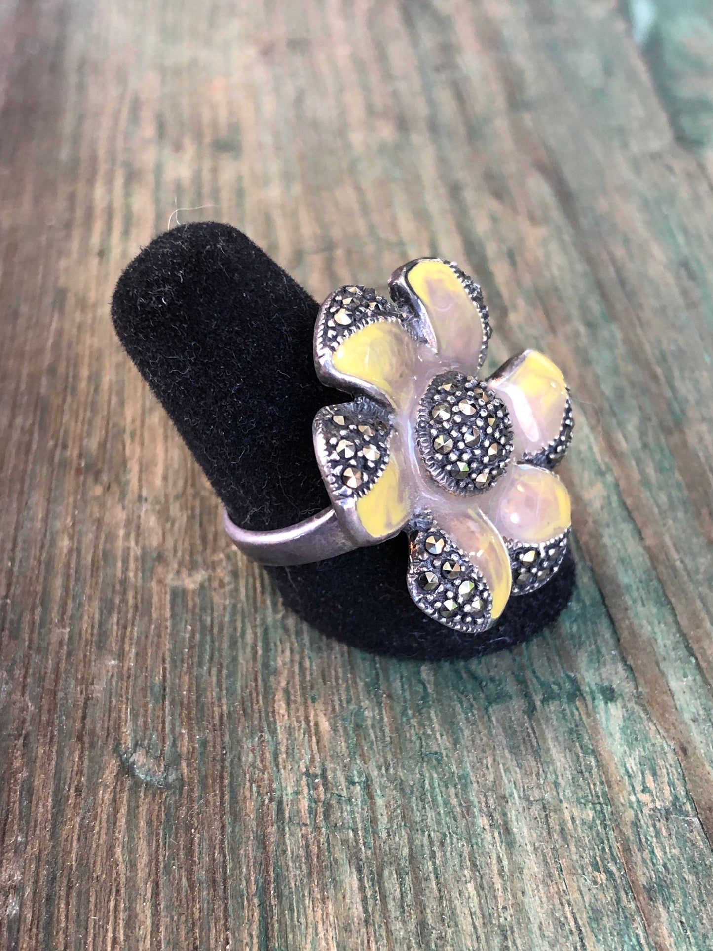 Super Unique Yellow and Grey Enamel Sterling Silver & Marcasite Flower Ring