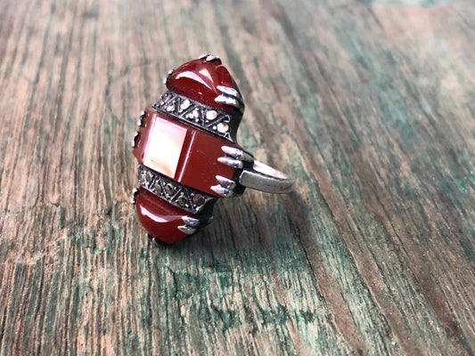Art Deco Geometric 3 Stone Carnelian & Marcasite  Prong Set Antique Ring