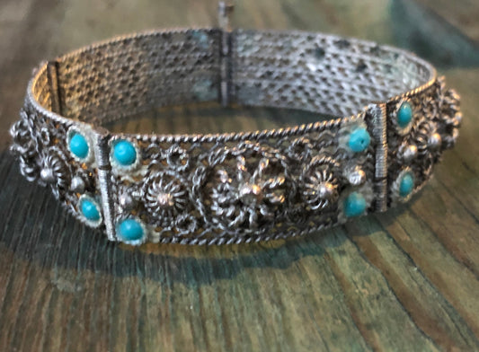 Antique Sterling Filigree & Turquoise Glass Panel Pin Hinged Bracelet