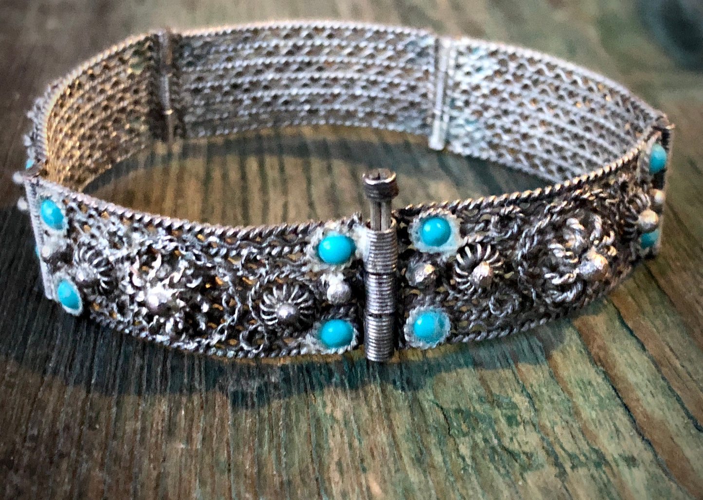 Antique Sterling Filigree & Turquoise Glass Panel Pin Hinged Bracelet