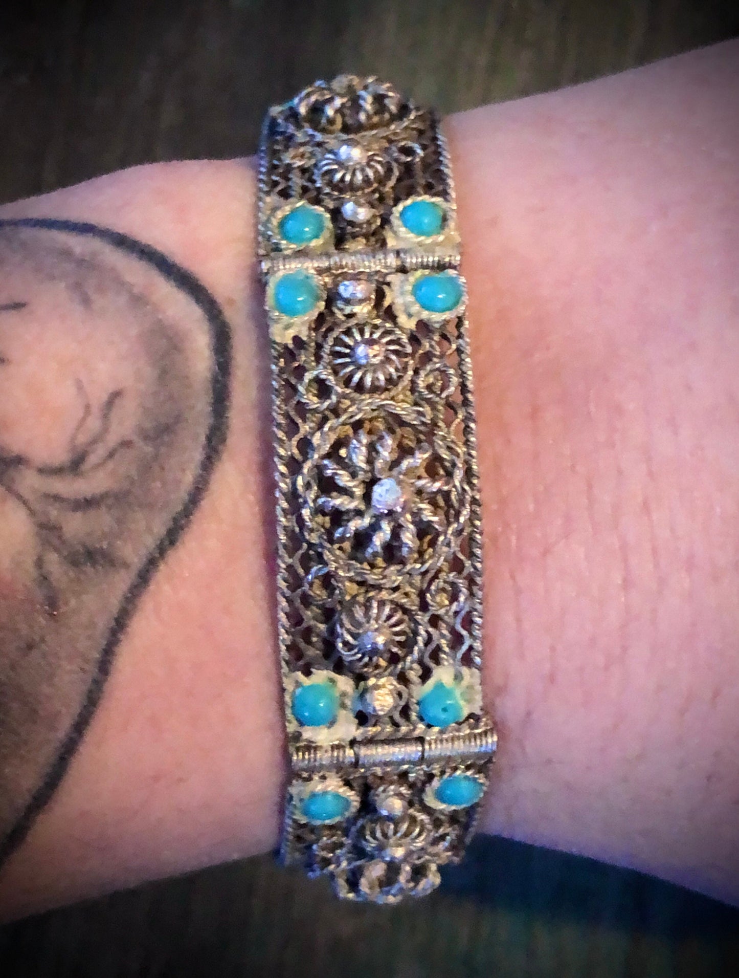 Antique Sterling Filigree & Turquoise Glass Panel Pin Hinged Bracelet