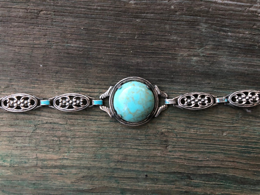 Antique Sterling Silver Art Nouveau Link Bracelet with Turquoise Blue Czech Art Hubbell Glass & Enamel