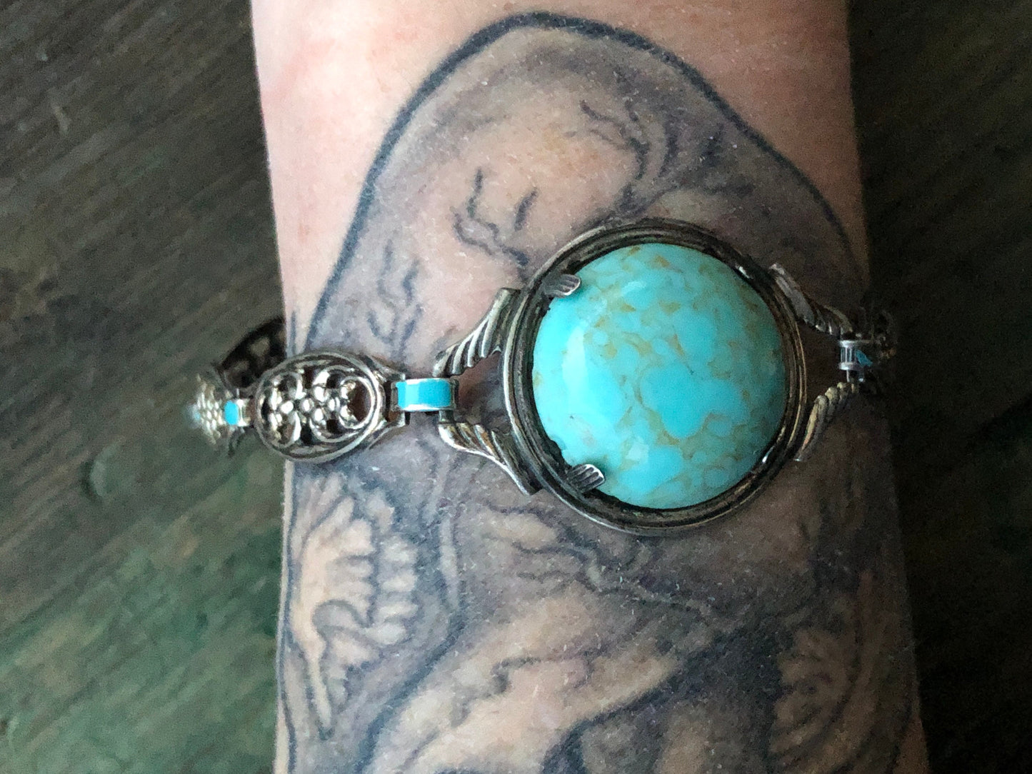 Antique Sterling Silver Art Nouveau Link Bracelet with Turquoise Blue Czech Art Hubbell Glass & Enamel