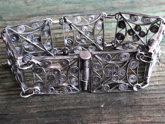 Vintage Victorian Sterling Silver Filigree Pin Hinge Panel Bracelet