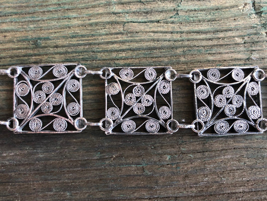 Vintage Victorian Sterling Silver Filigree Pin Hinge Panel Bracelet