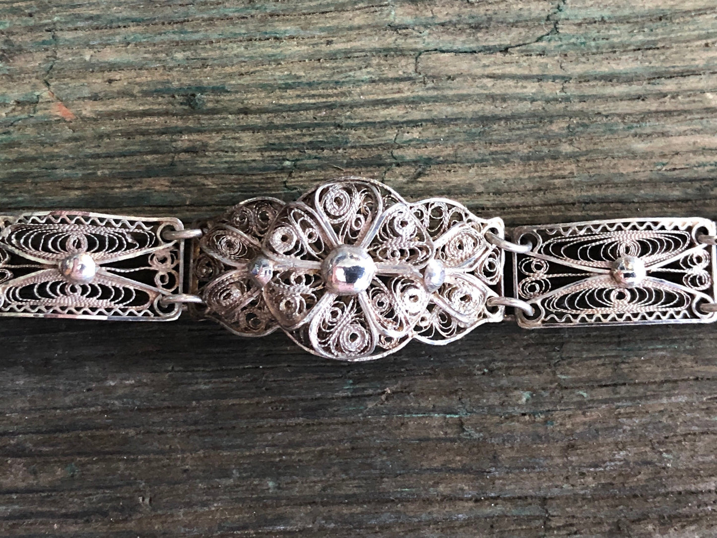 Vintage Sterling Silver Filigree Flower Pin Hinged Floral Filigree Panel Bracelet