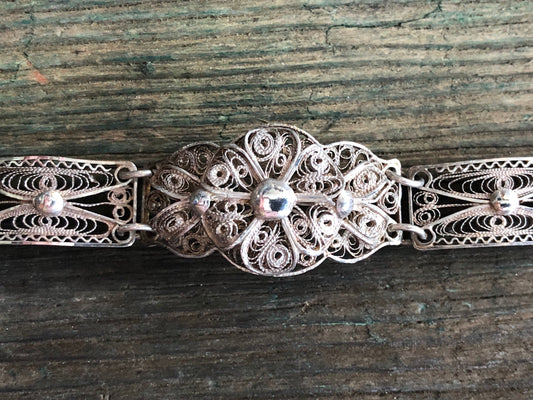 Vintage Sterling Silver Filigree Flower Pin Hinged Floral Filigree Panel Bracelet